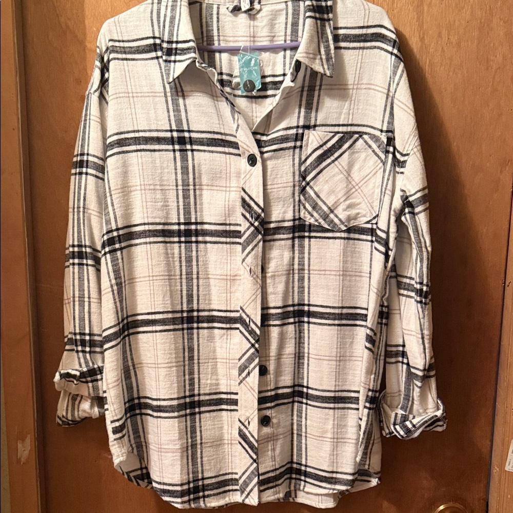 Maurices Cream Black and Tan Plaid Button-Up